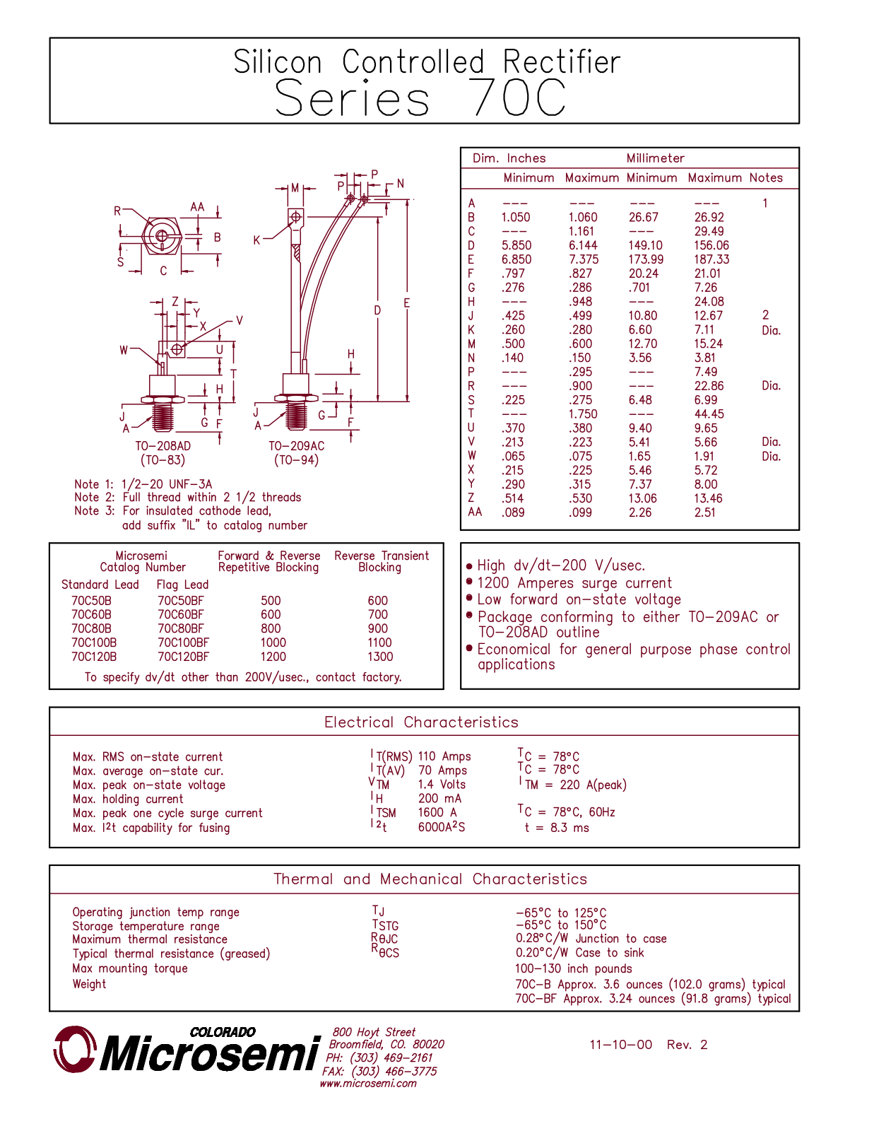 Microsemi Corporation 70C80BF, 70C80B, 70C50BF, 70C50B, 70C120BF Datasheet