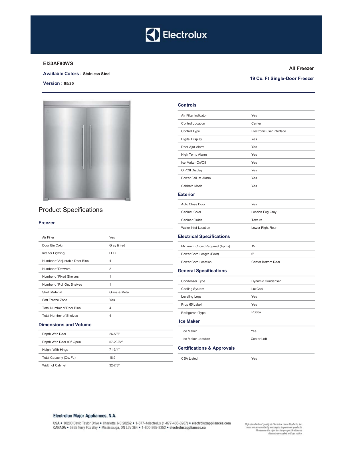 Electrolux EI33AF80WS Specifications