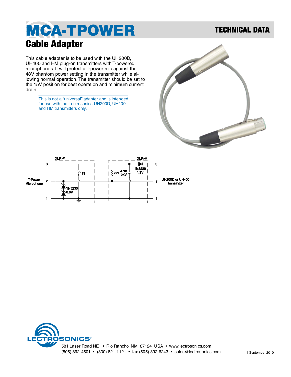 Lectrosonics MCA-TPOWER Data Sheet