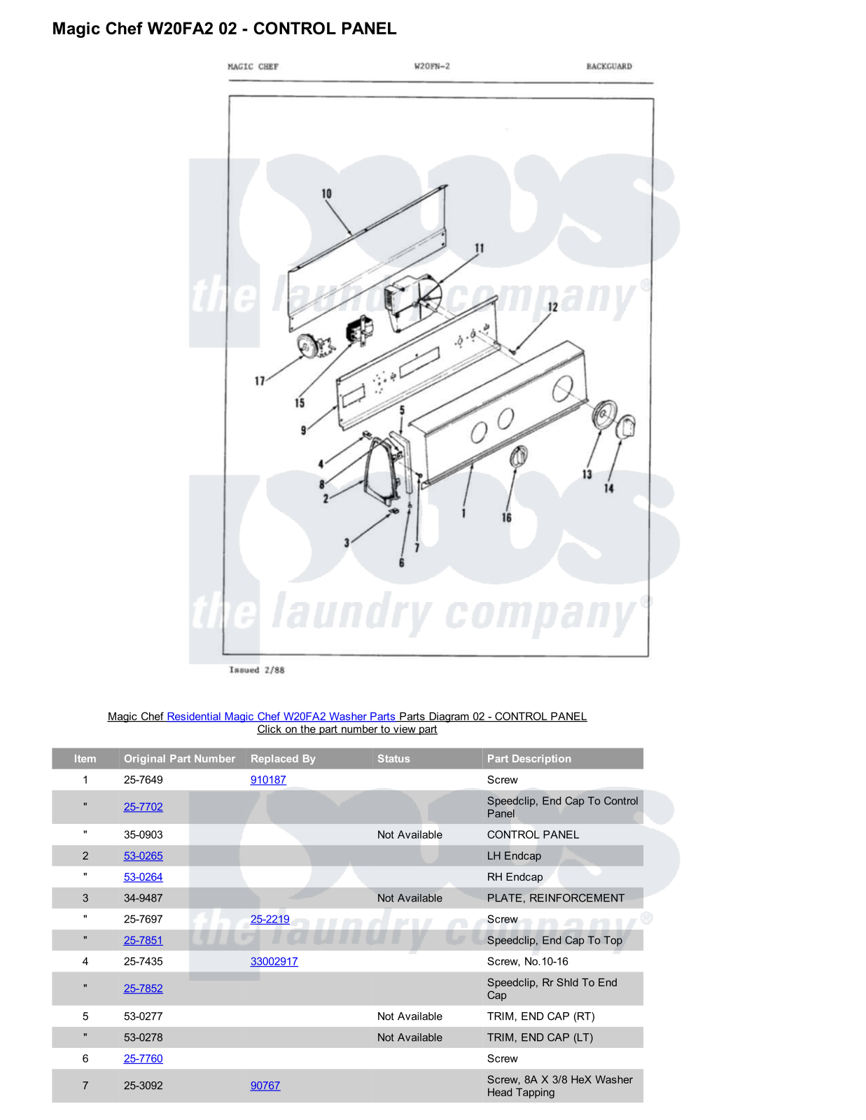 Magic Chef W20FA2 Parts Diagram