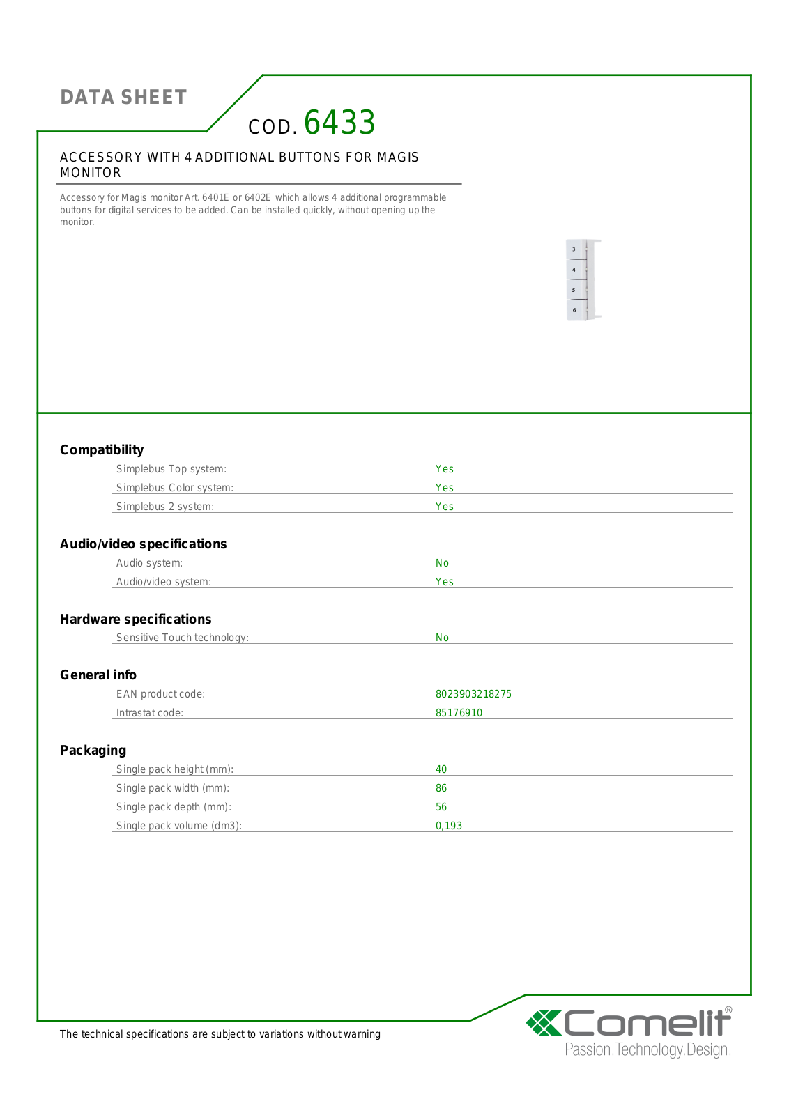 Comelit 6433 Specsheet