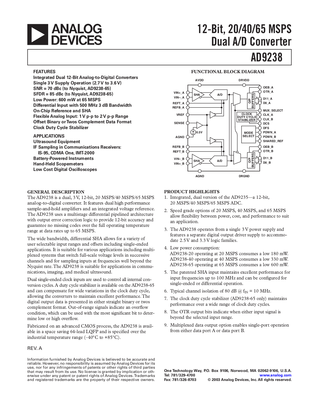 Analog Devices AD9238 a Datasheet