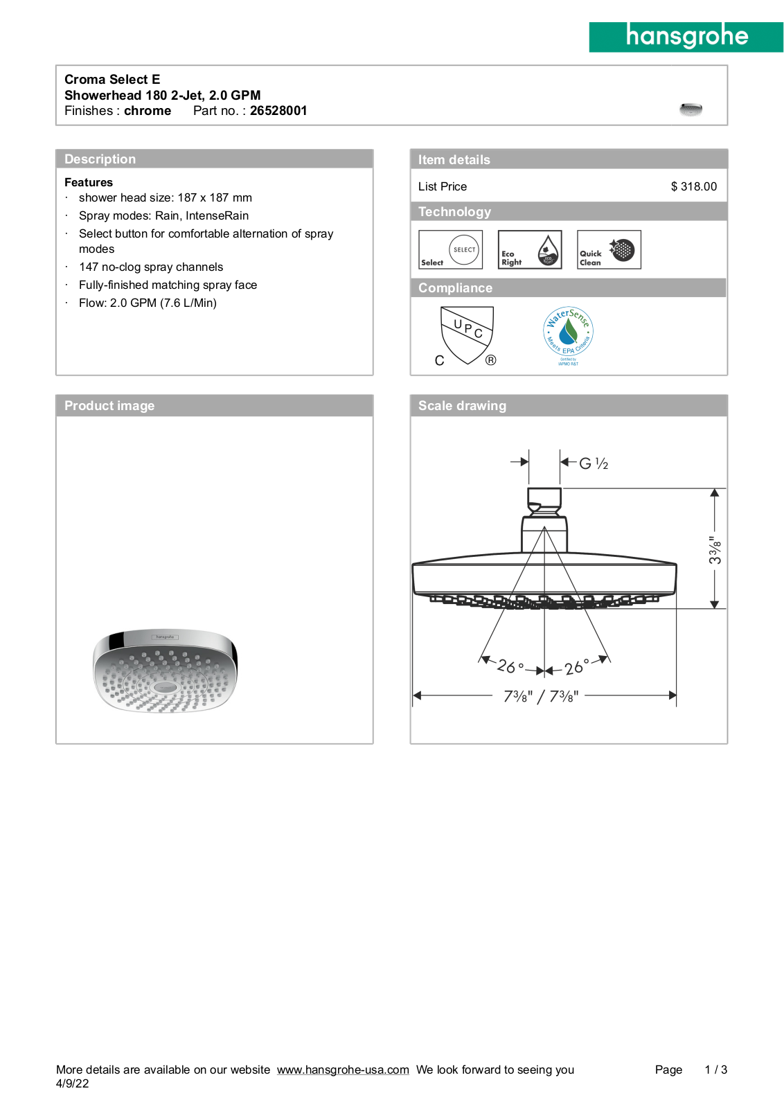 Hansgrohe HAN3918 Specifications - ManualMachine.com
