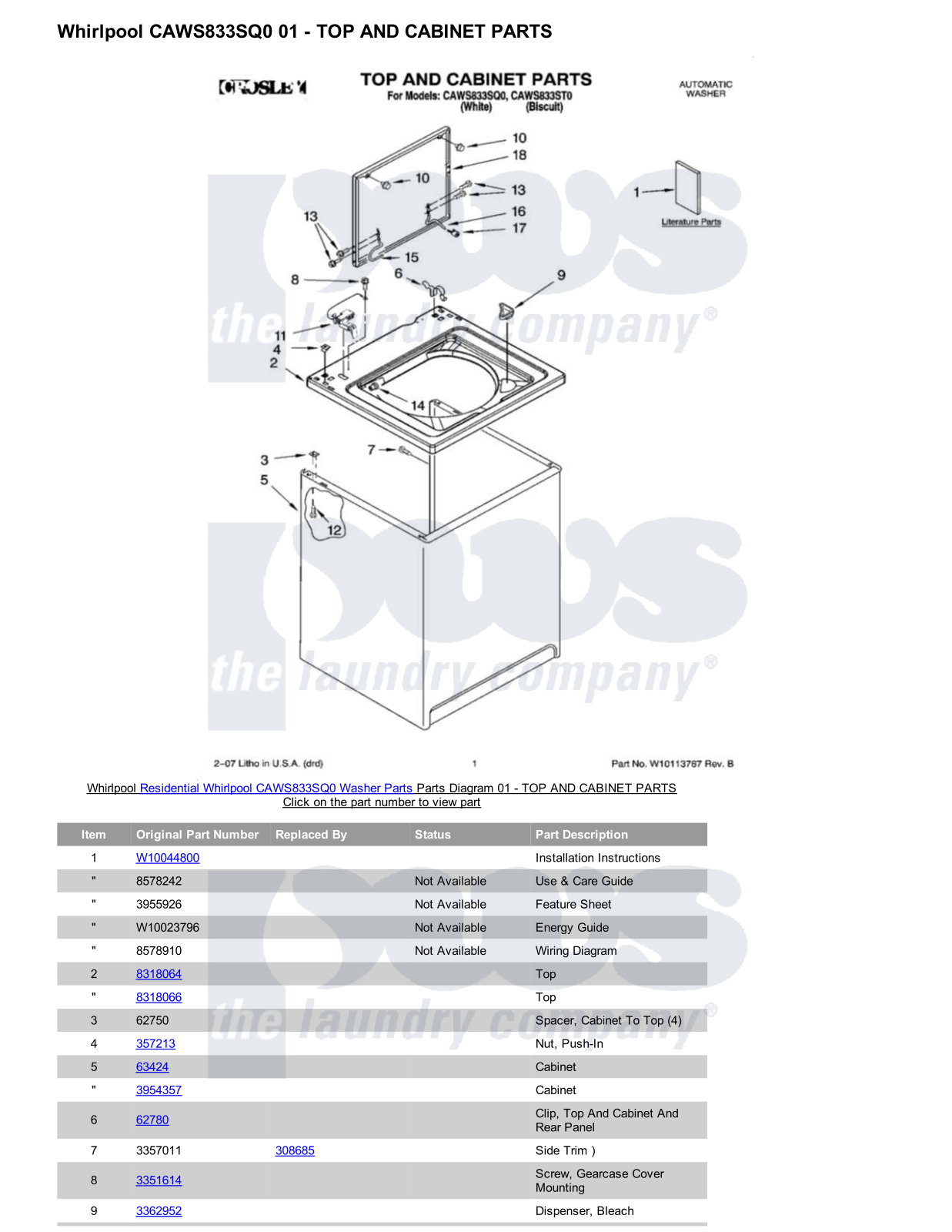 Whirlpool CAWS833SQ0 Parts Diagram