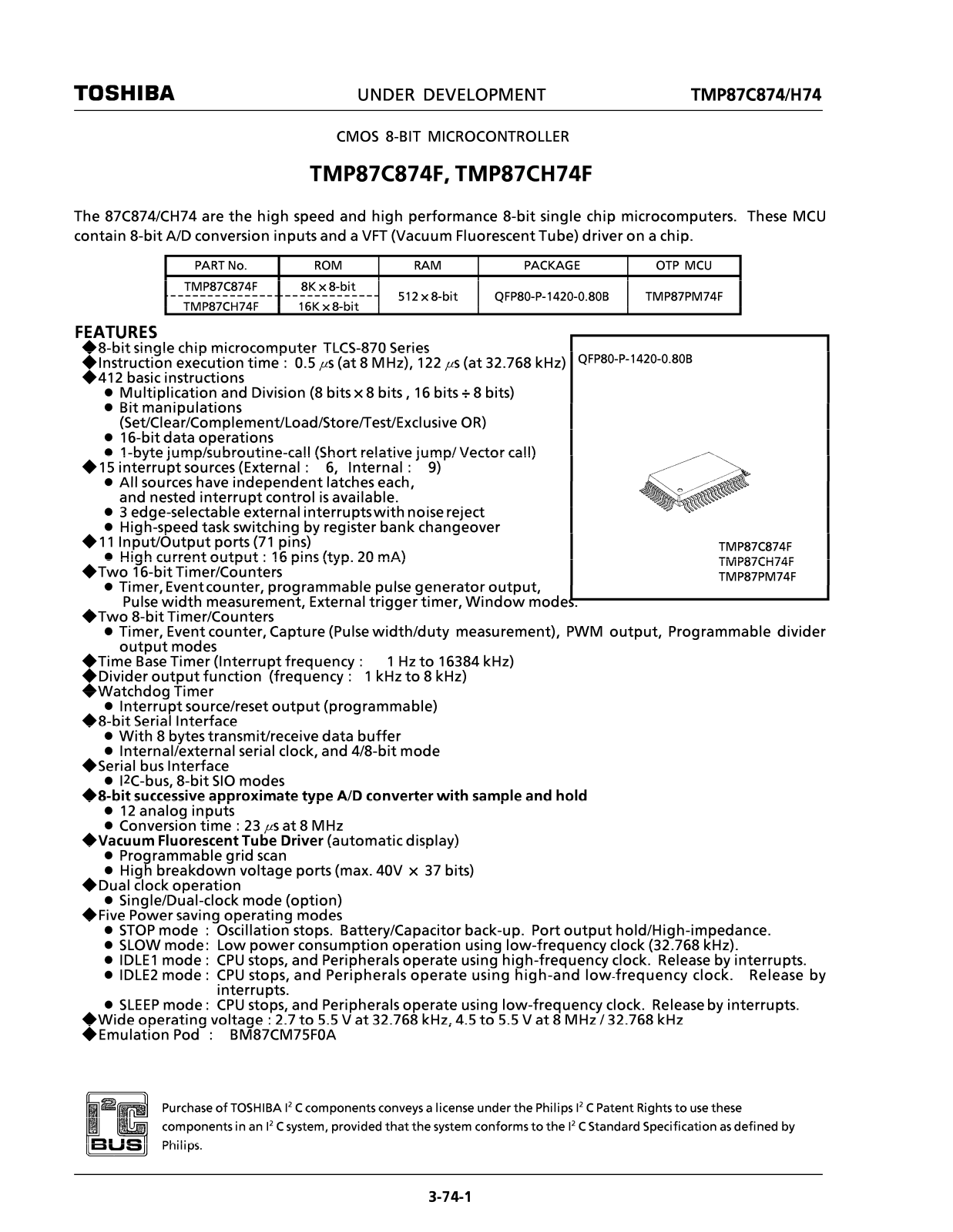 TOSHIBA TMP87C874F, TMP87CH74F Technical data