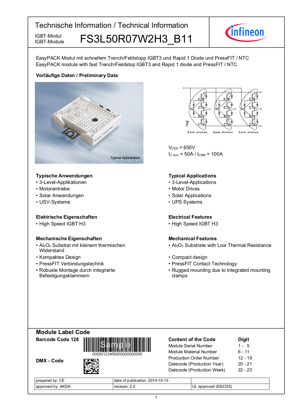 Infineon FS3L50R07W2H3_B11 Data Sheet