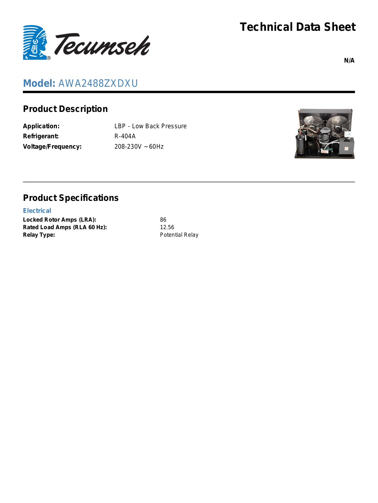 Tecumseh AWA2488ZXDXU Technical Data Sheet