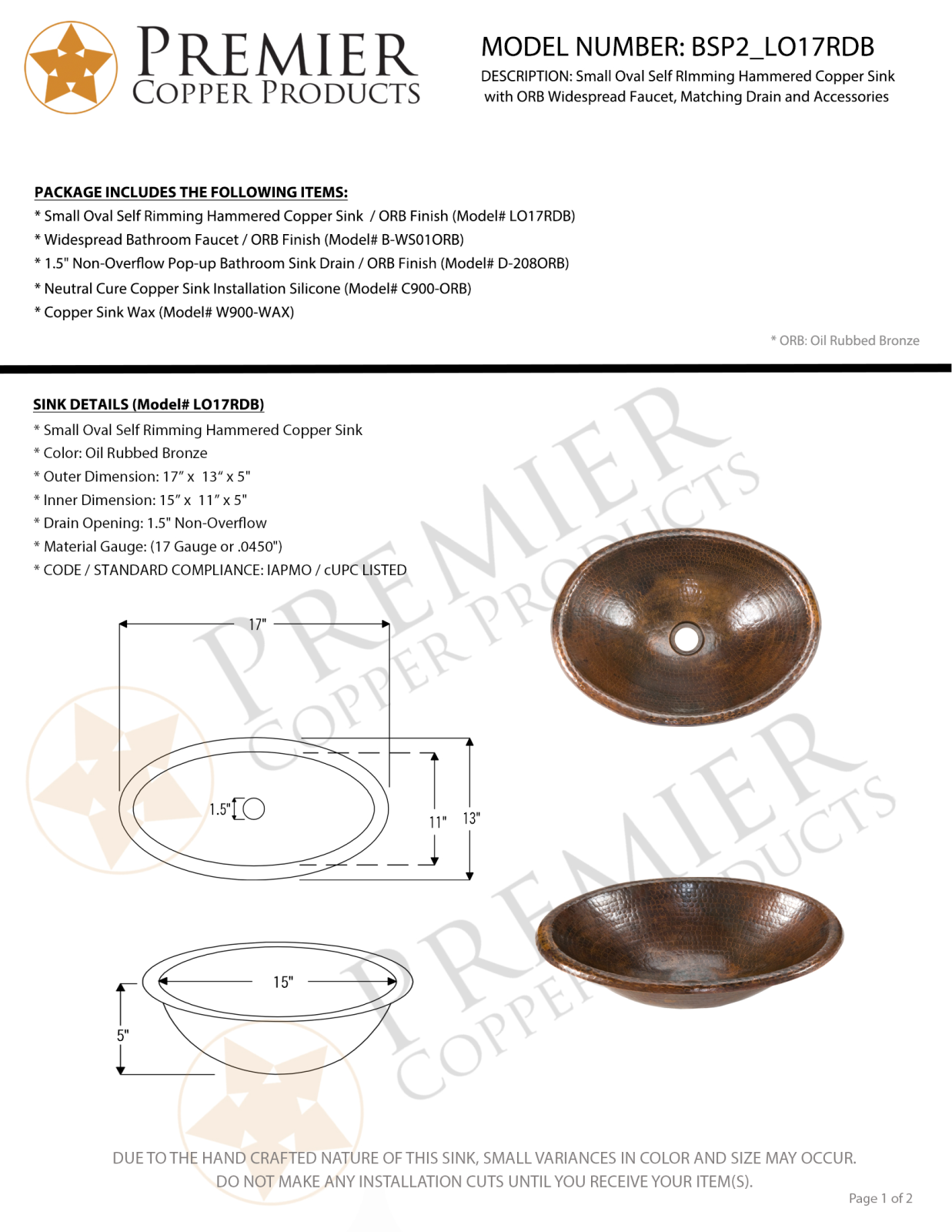 Premier Copper Products IER1463 Specifications - ManualMachine.com