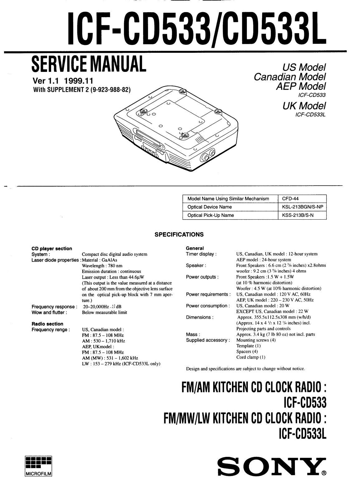 Sony ICFCD-533, ICFCD-533-L Service manual