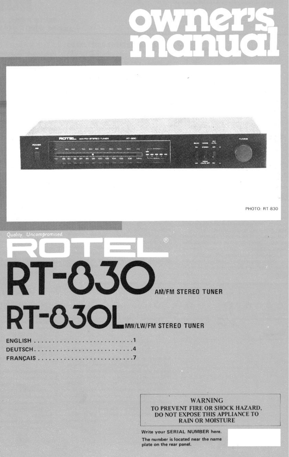 Rotel RT-830L, RT-830 User Manual