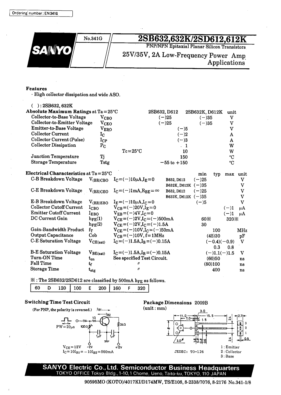 SANYO 2SD612K, 2SD612, 2SB632K, 2SB632 Datasheet