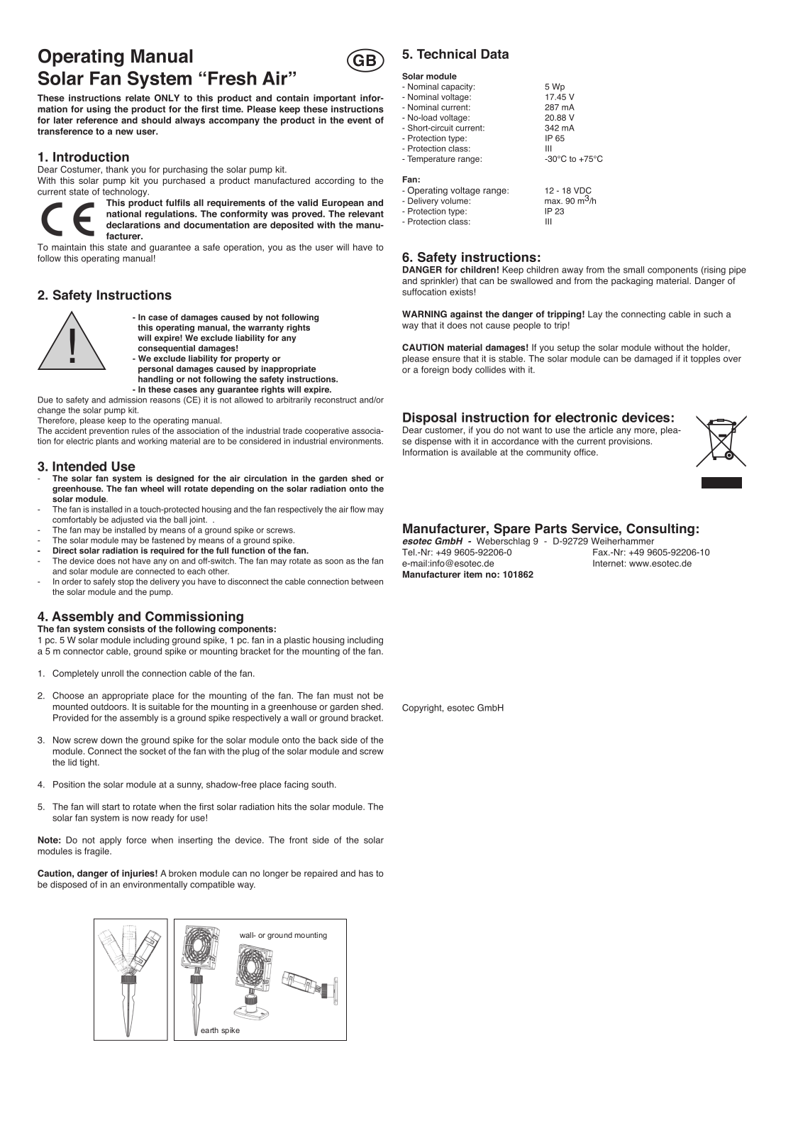 Esotec Fresh Air Operating Manual