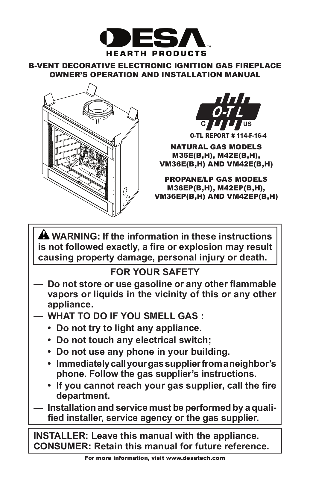 Desa M42EB, M42EH, VM36EH, VM42EH Owner's Operation And Installation Manual