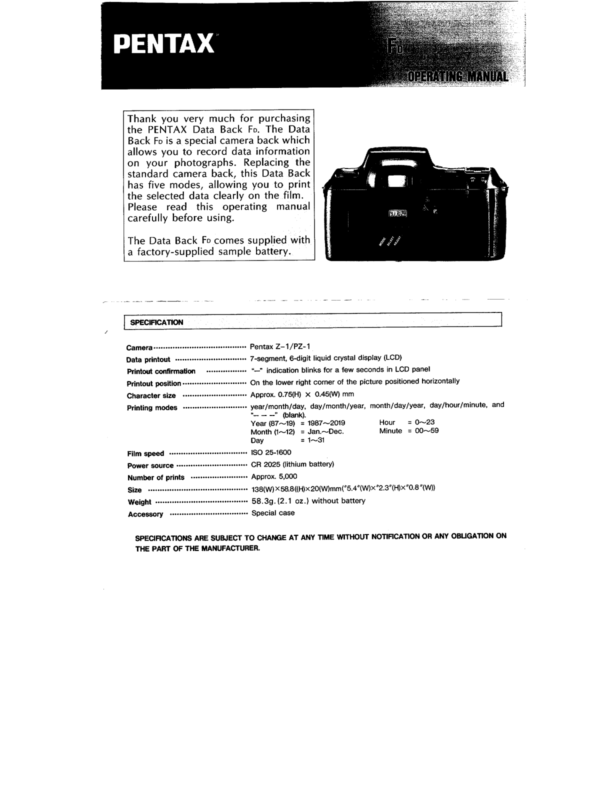 Pentax DATA BACK FD OPERATING MANUAL