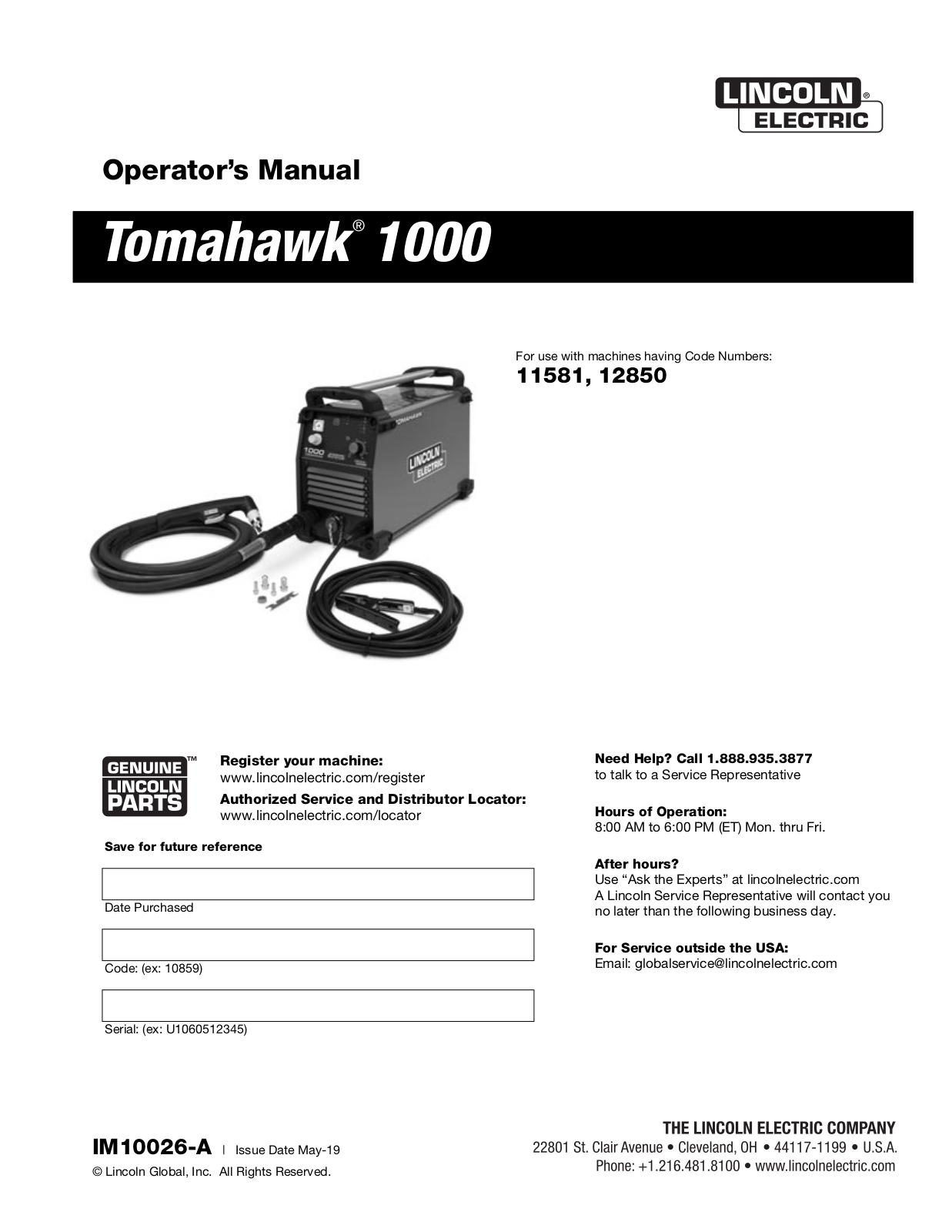 Lincoln Electric Tomahawk 1000 Operator's Manual