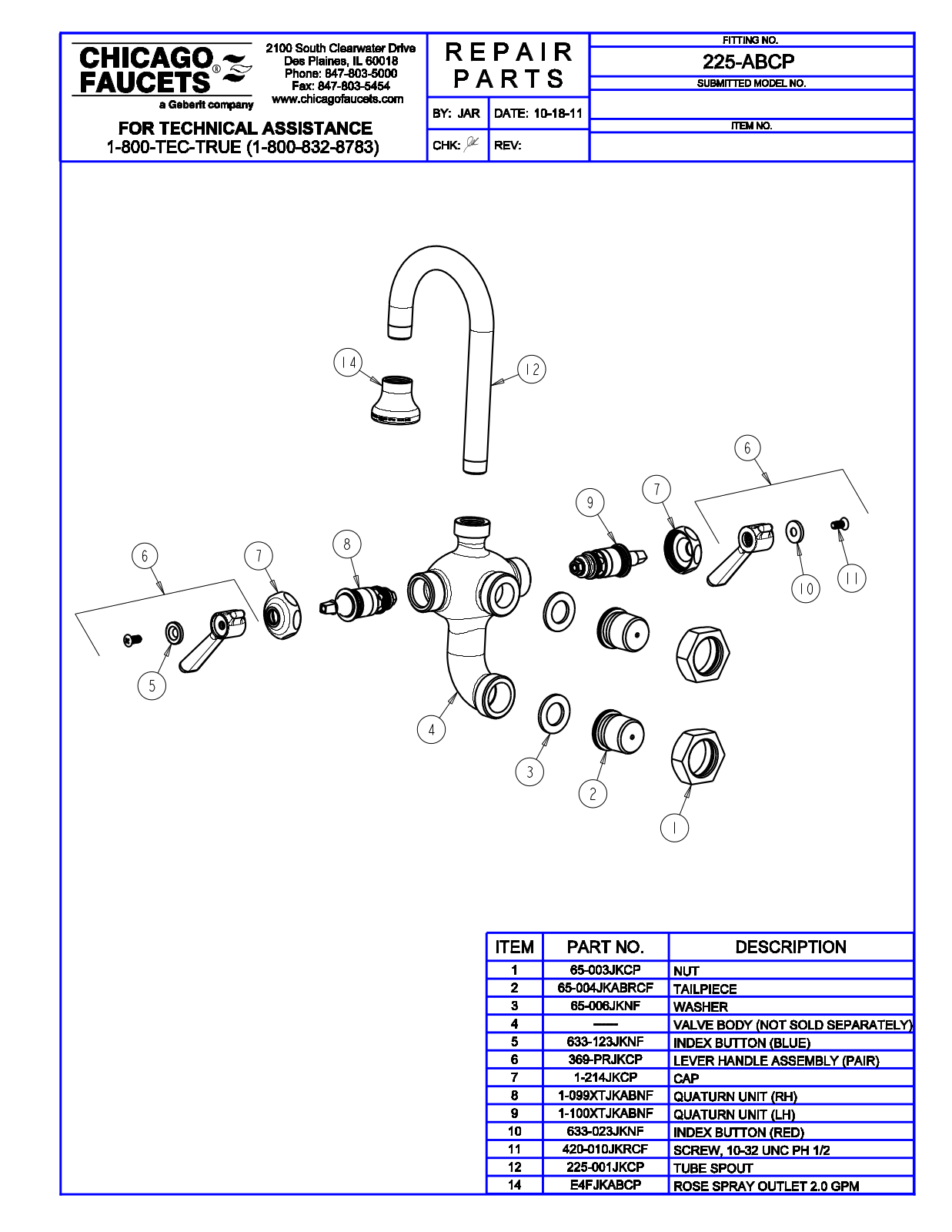 Chicago Faucet 225-AB Parts List