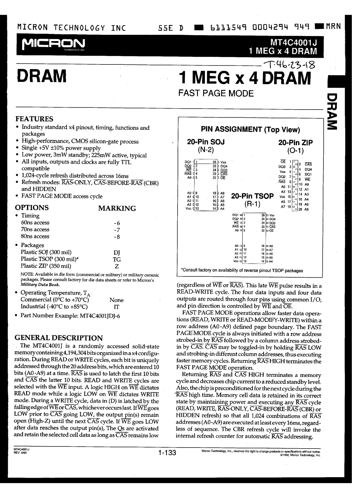 MICRON MT4C4001JZ-7IT, MT4C4001JZ-8, MT4C4001JZ-6, MT4C4001JZ-6IT, MT4C4001JTG-8IT Datasheet