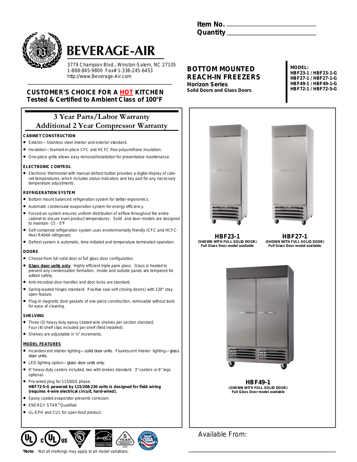 Beverage-Air HBF491S, HBF231S, HBF231G, HBF441HS, HBF441S Specifications