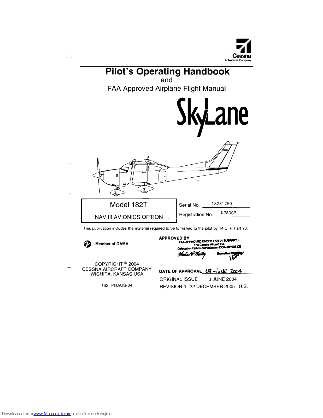 Cessna Skylane 182T, Skylane 182T NAV III Operating Handbook