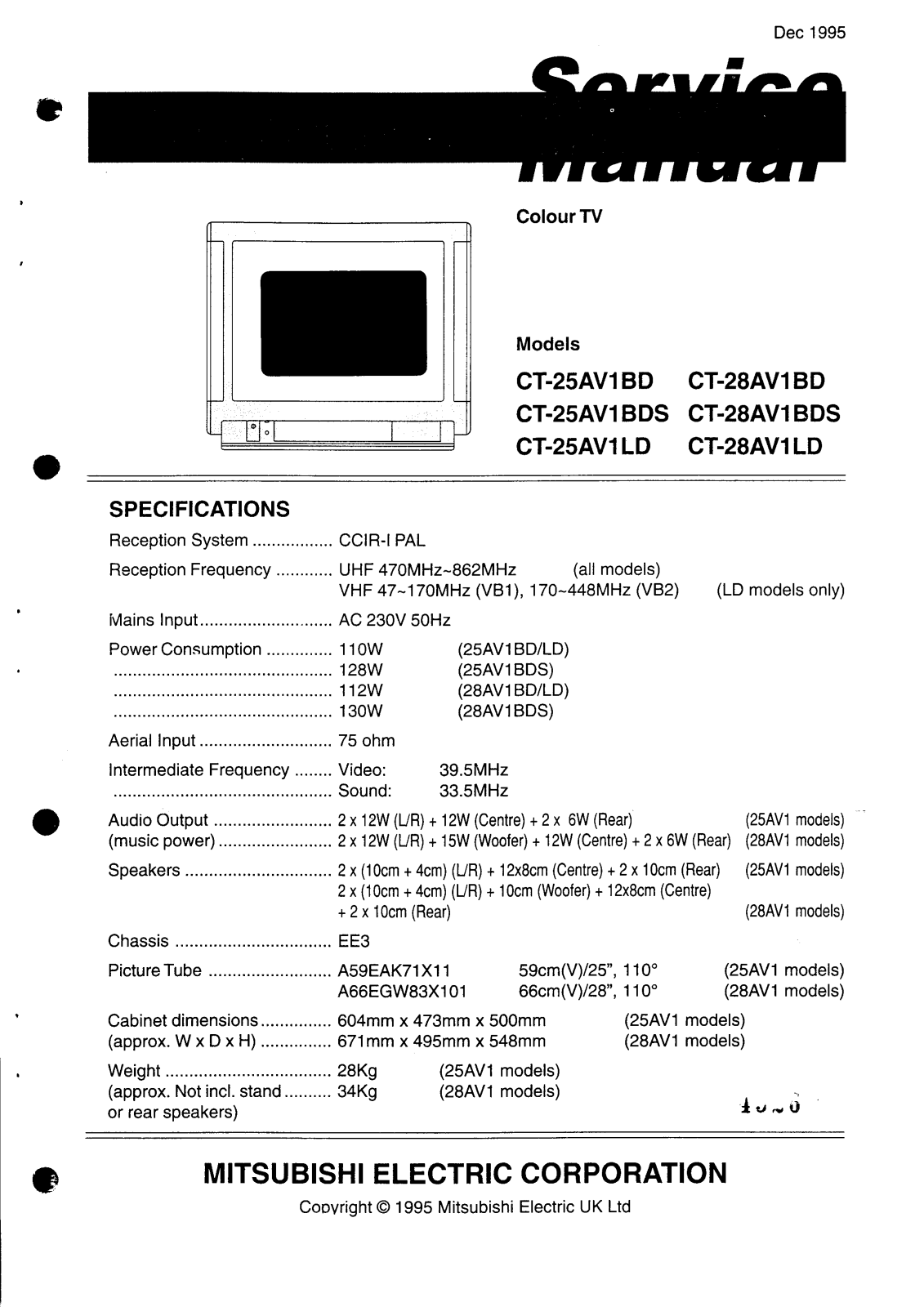 Mitsubishi CT-28av1bd, CT-25av1bd, CT-28av1bds, CT-25av1bds, CT-28av1ld Service Manual