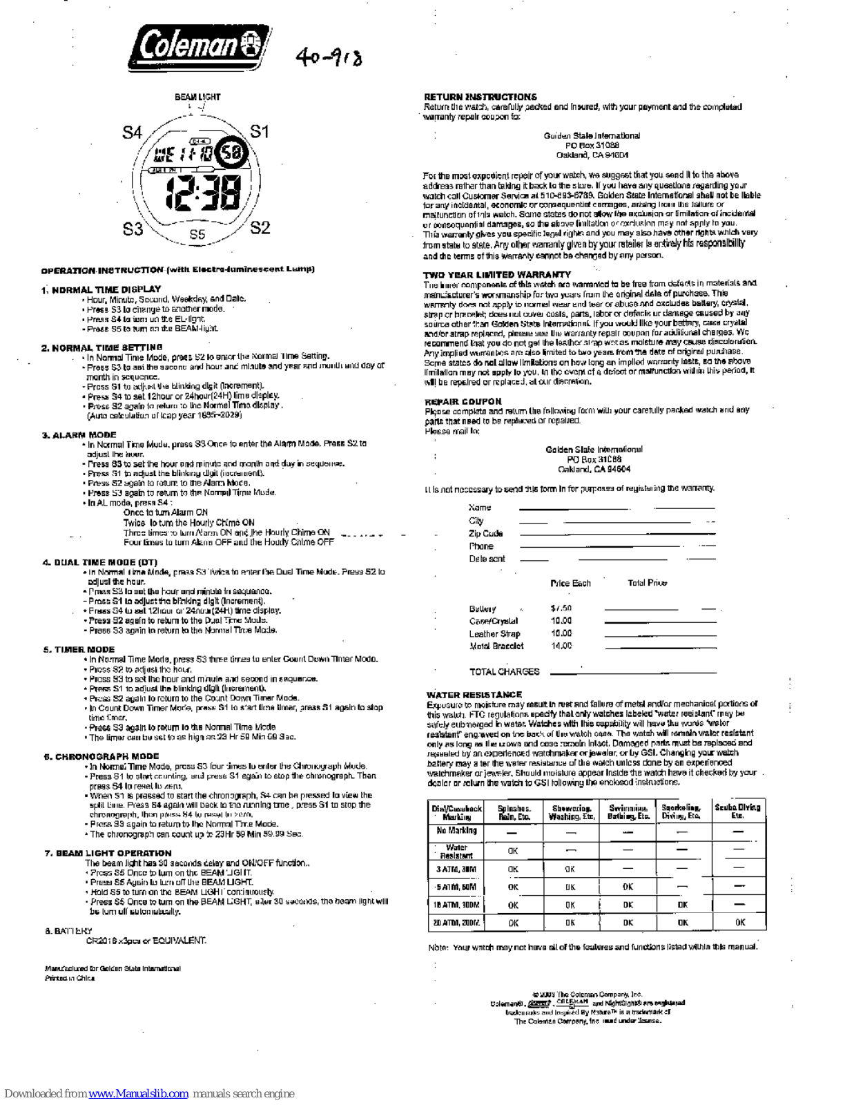 Coleman 40-879, 40-918 Operating Instructions Manual