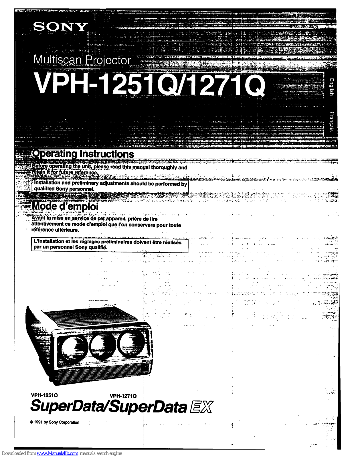 Sony SuperData VPH-1251Q, SuperData VPH-1271Q, SuperData EX VPH-1271Q Operating Instructions Manual