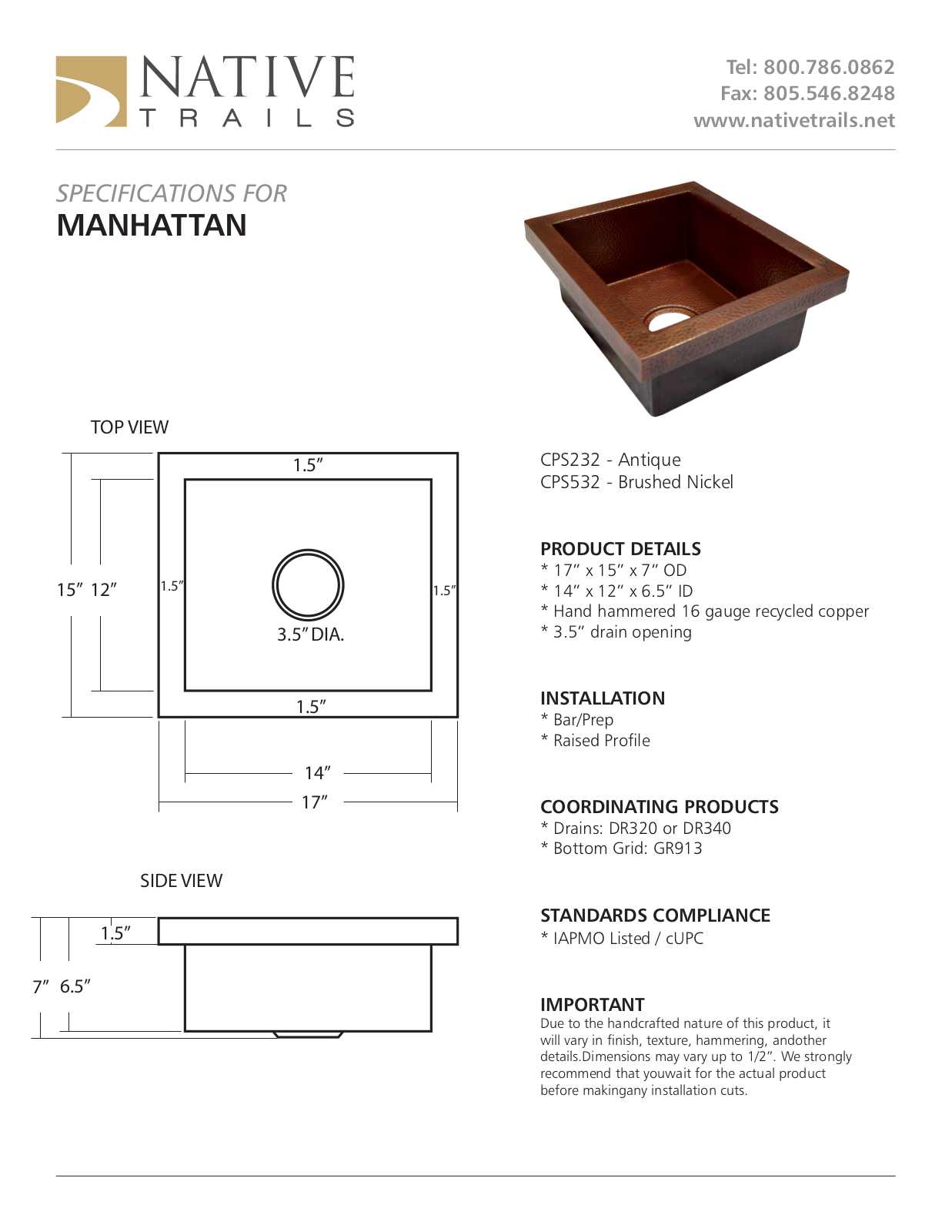 Native Trails XNT1223 Specification Sheet