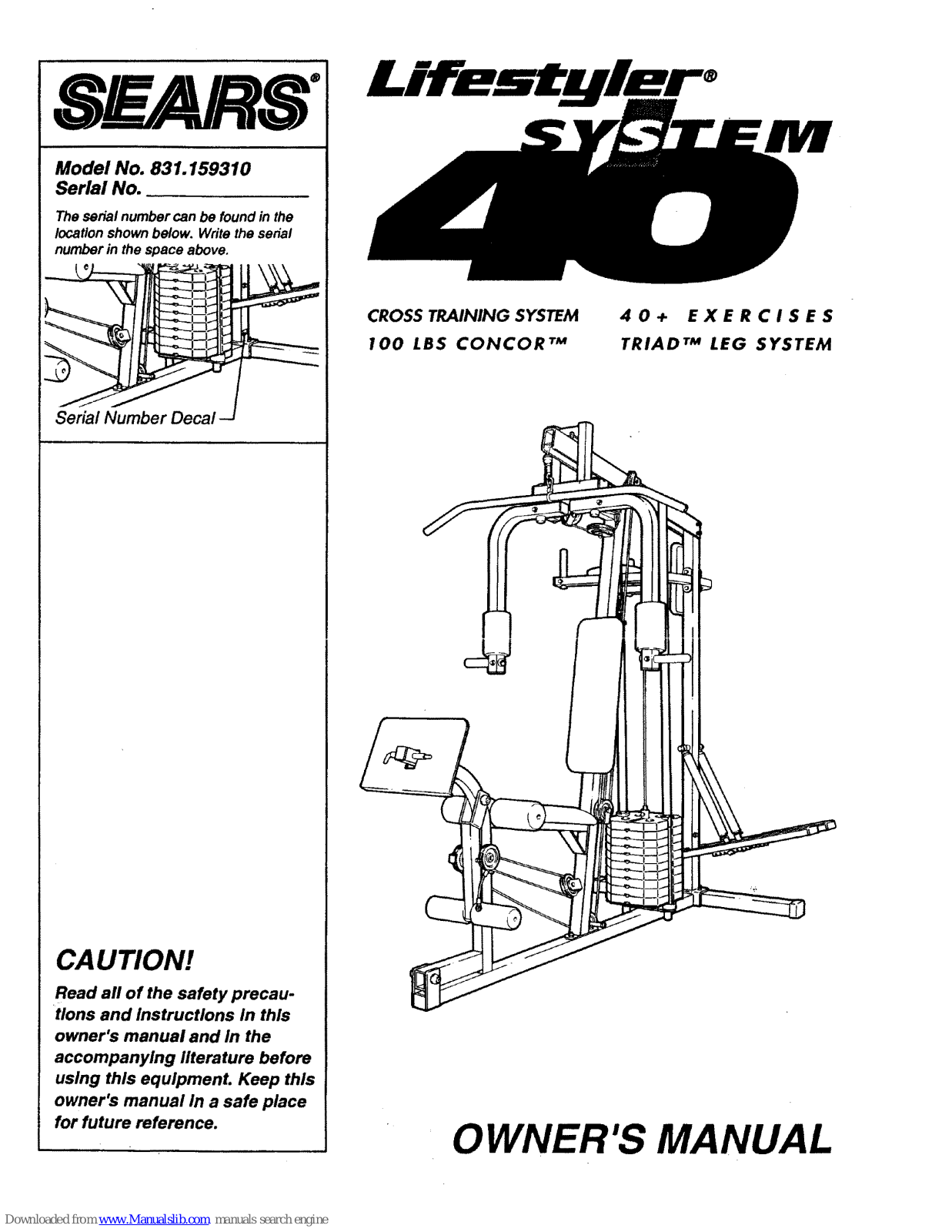 Sears LIFESTULER SYSTEM 40 831.15931, LIFESTYLER SYSTEM 40, 831.159310 Owner's Manual - ManualMachine.com