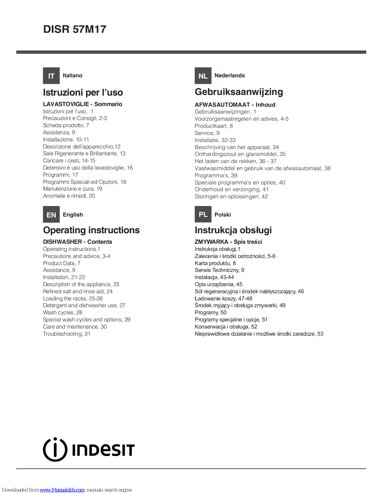 Indesit DISR 57M17 Operating Instructions Manual