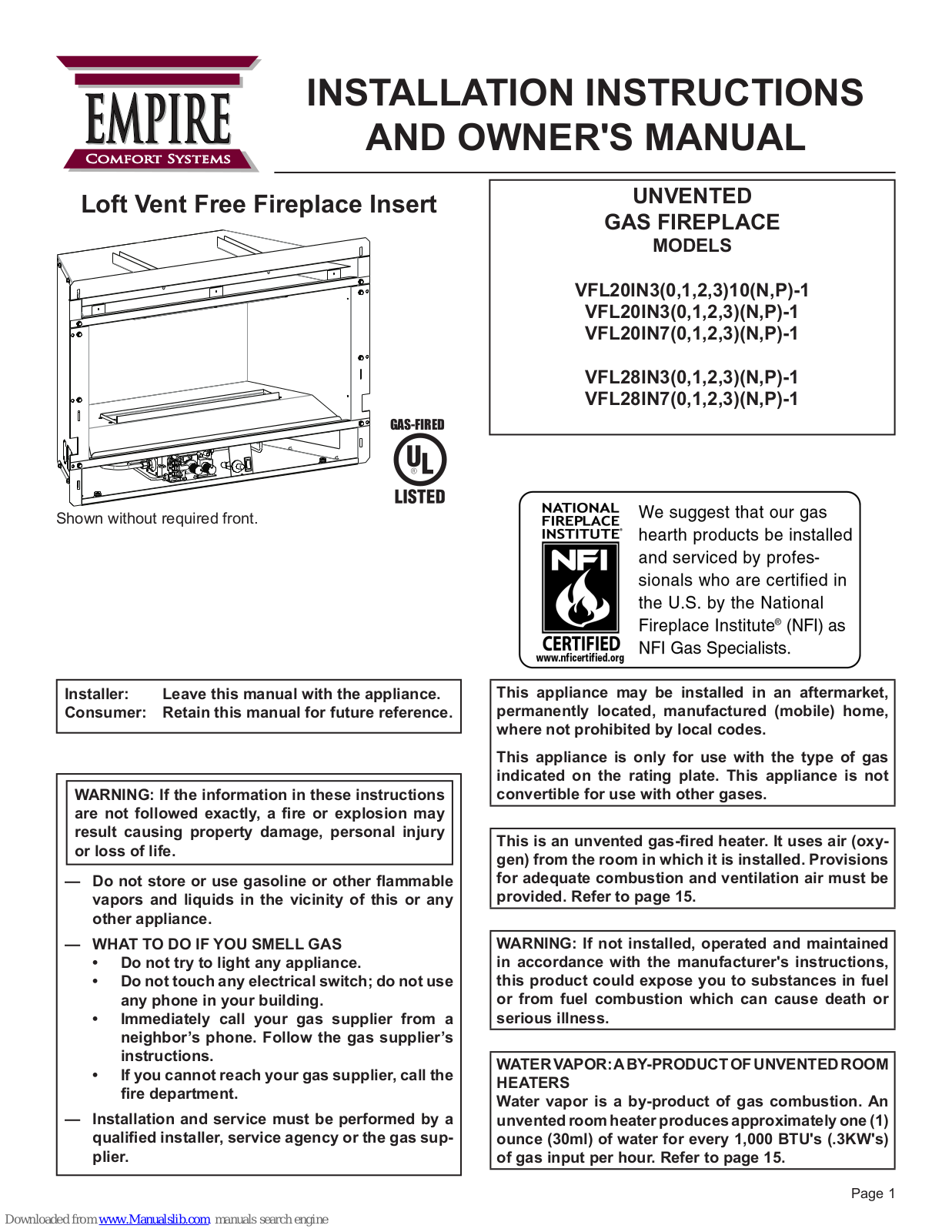 Empire Comfort Systems VFL20IN3010P-1, VFL20IN7010P-1, VFL20IN7010N-1, VFL20IN7110P-1, VFL20IN7110N-1 Owner's Manual