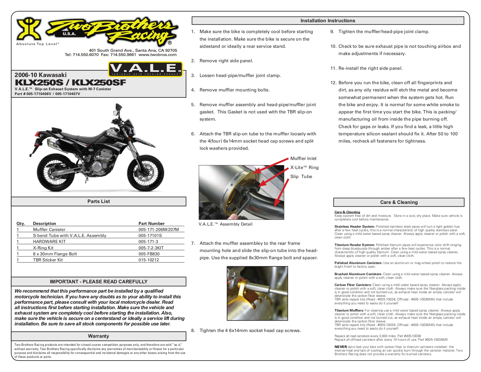 Two Brothers Racing KLX250S, KLX250SF User Manual