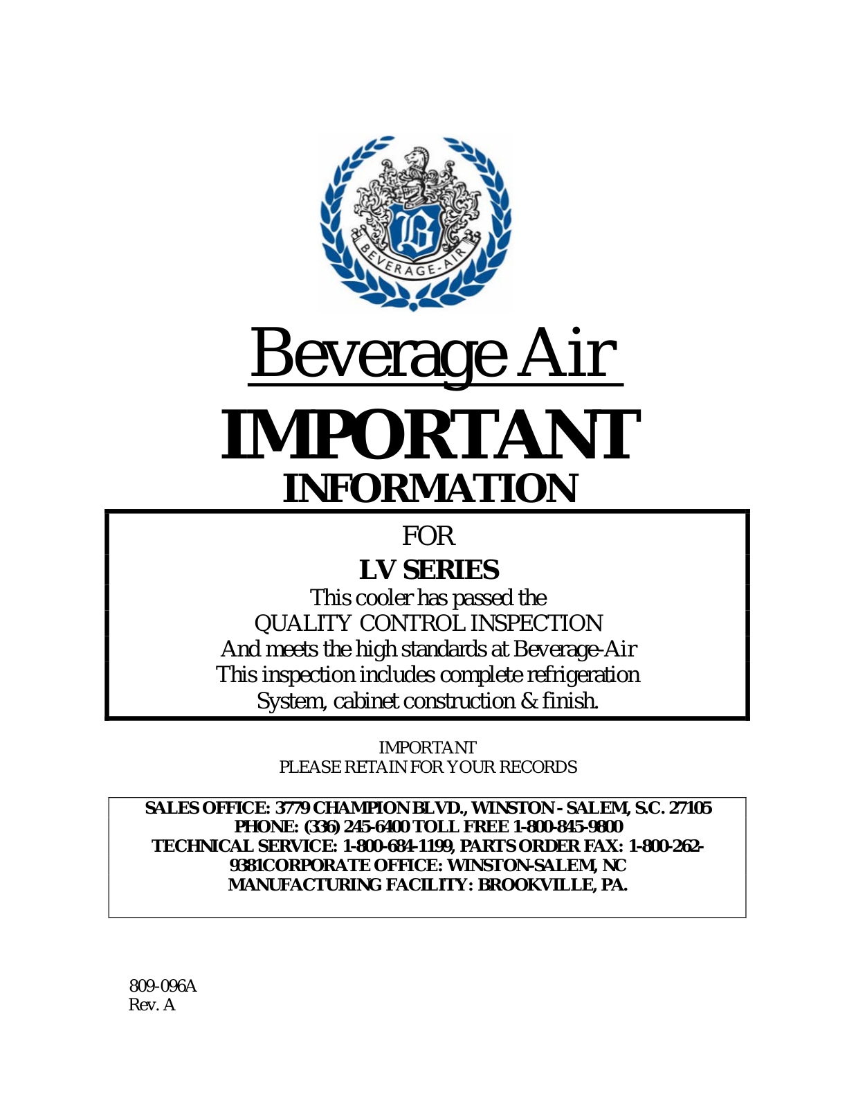 Beverage Air LV10-1-W Installation Manual