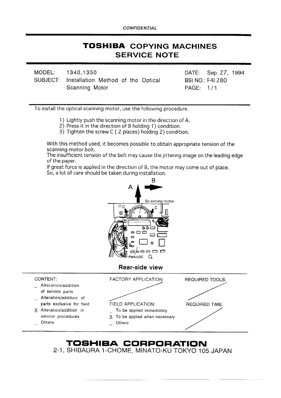 Toshiba f4i280 Service Note