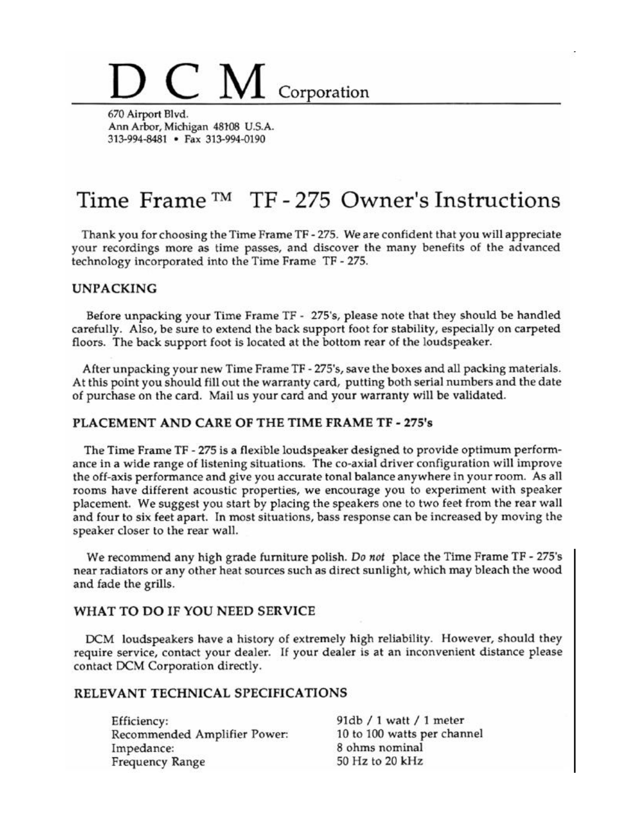 DCM TF-275 Owners manual