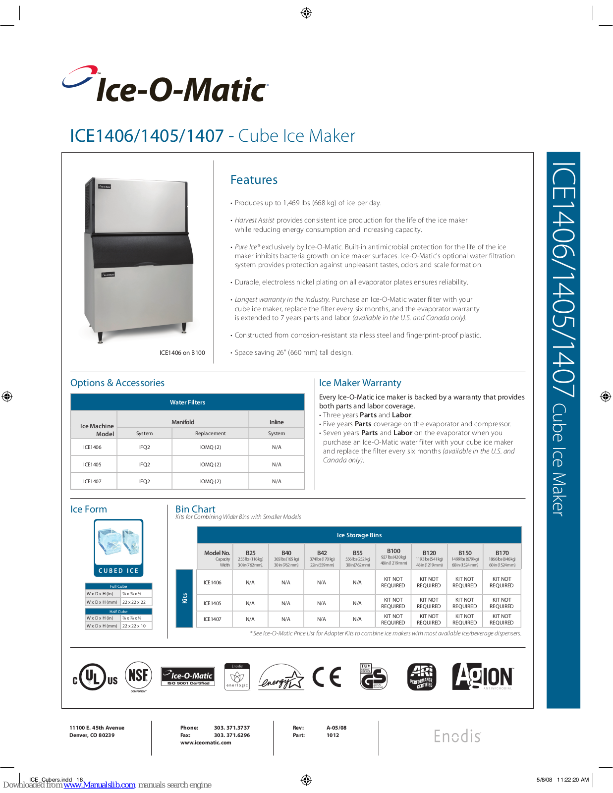 Ice-O-Matic ICE1406A, ICE1406R, ICE1406W, ICE1405R, ICE1405W Specifications