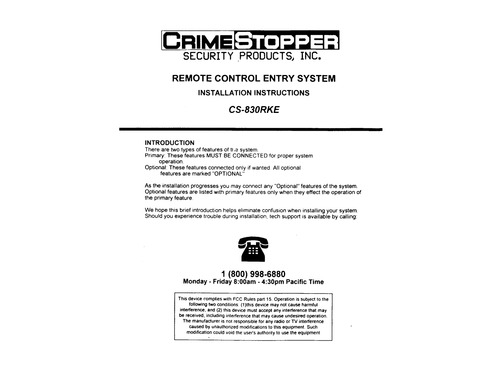 Crimestopper Security Products CS-830RKE User Manual