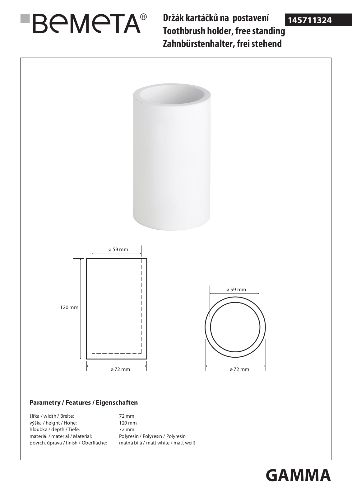 Bemeta Gamma 145711324 Datasheet