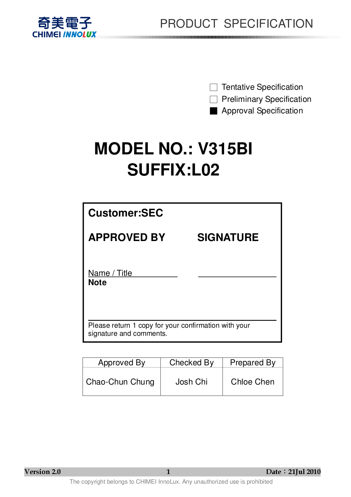 CHIMEI INNOLUX V315BI-L02 Specification