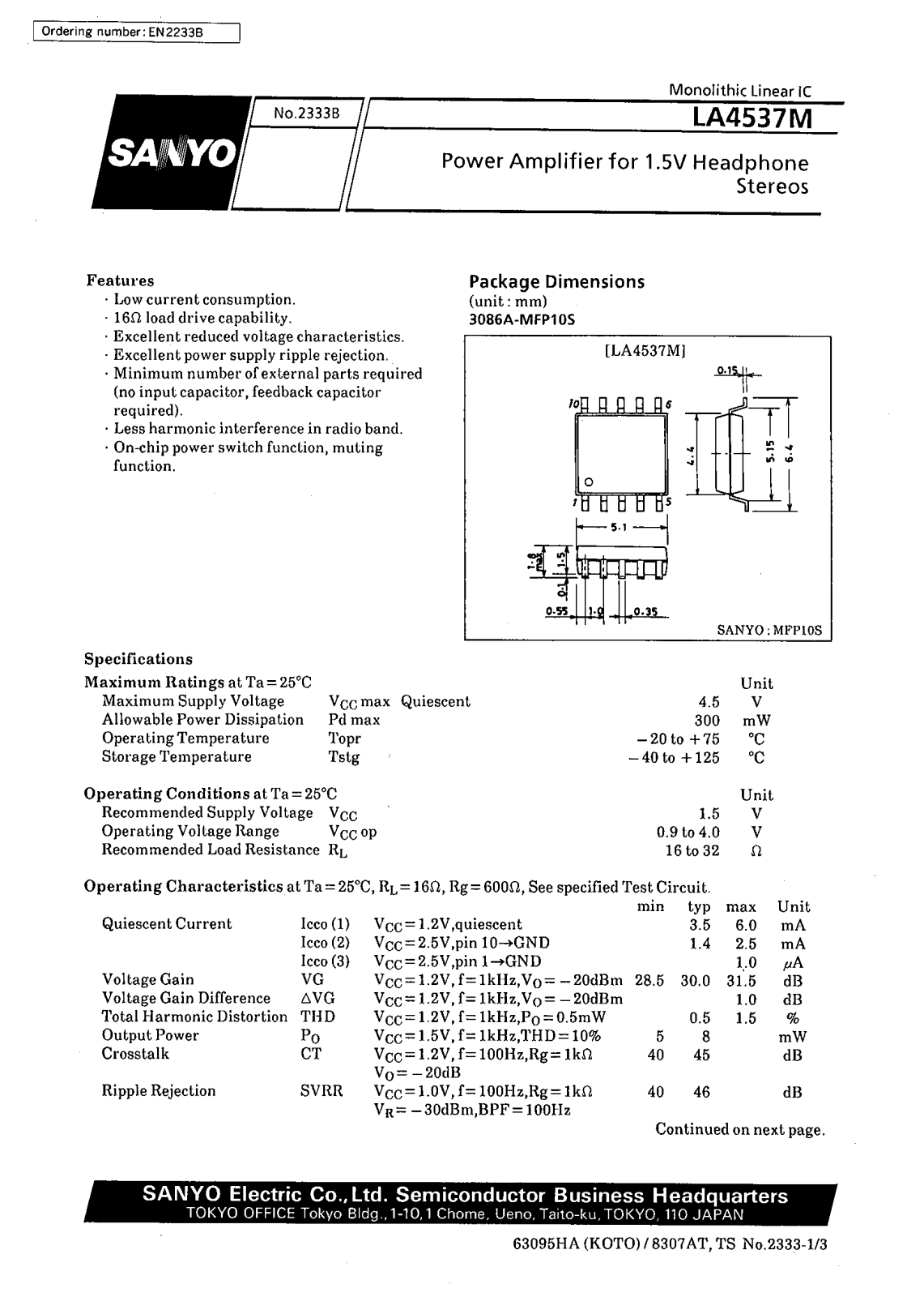 SANYO LA4537M Datasheet