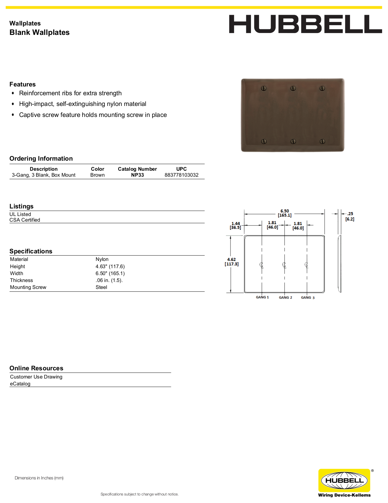 Hubbell NP33 Specifications