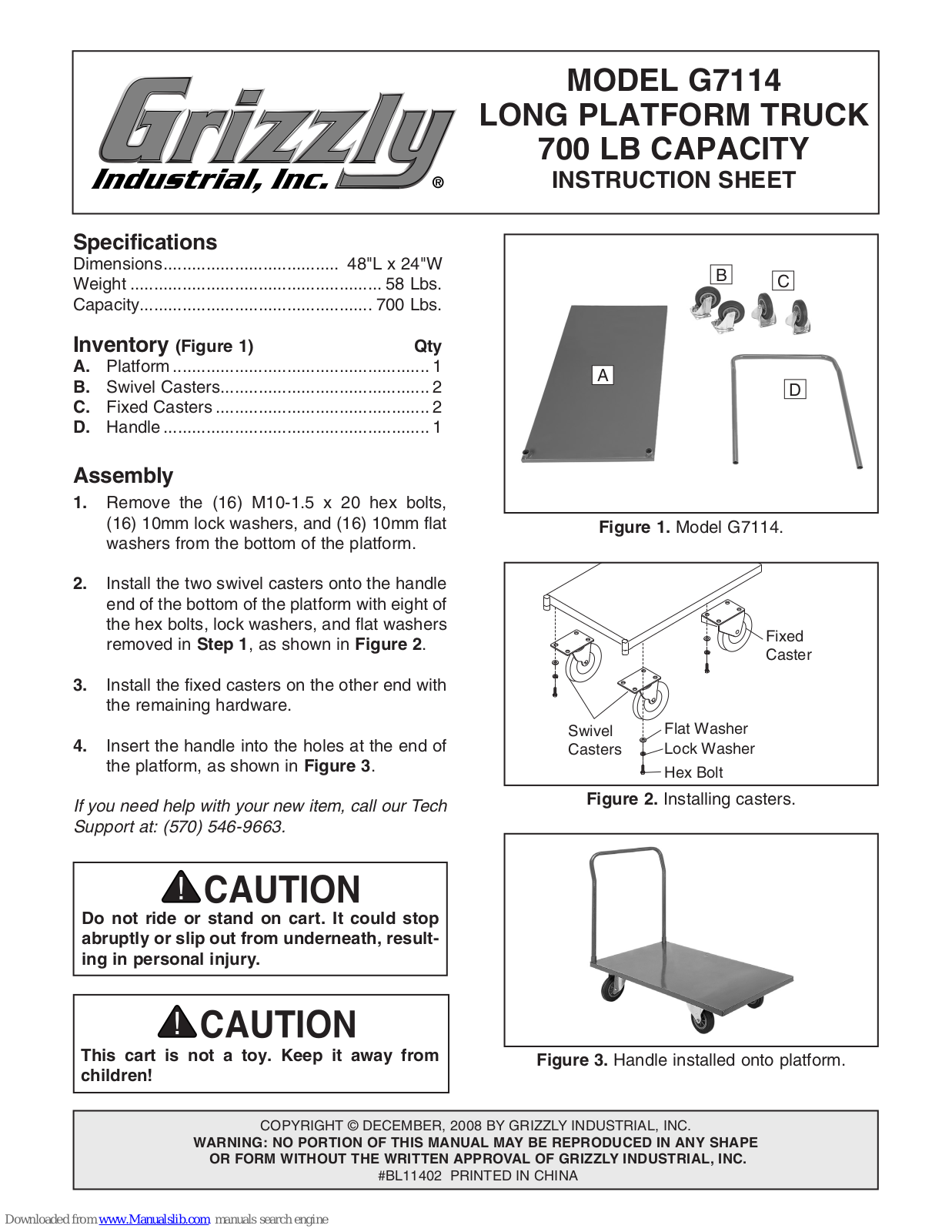 Grizzly Long Platform Truck G7114 Instruction Sheet