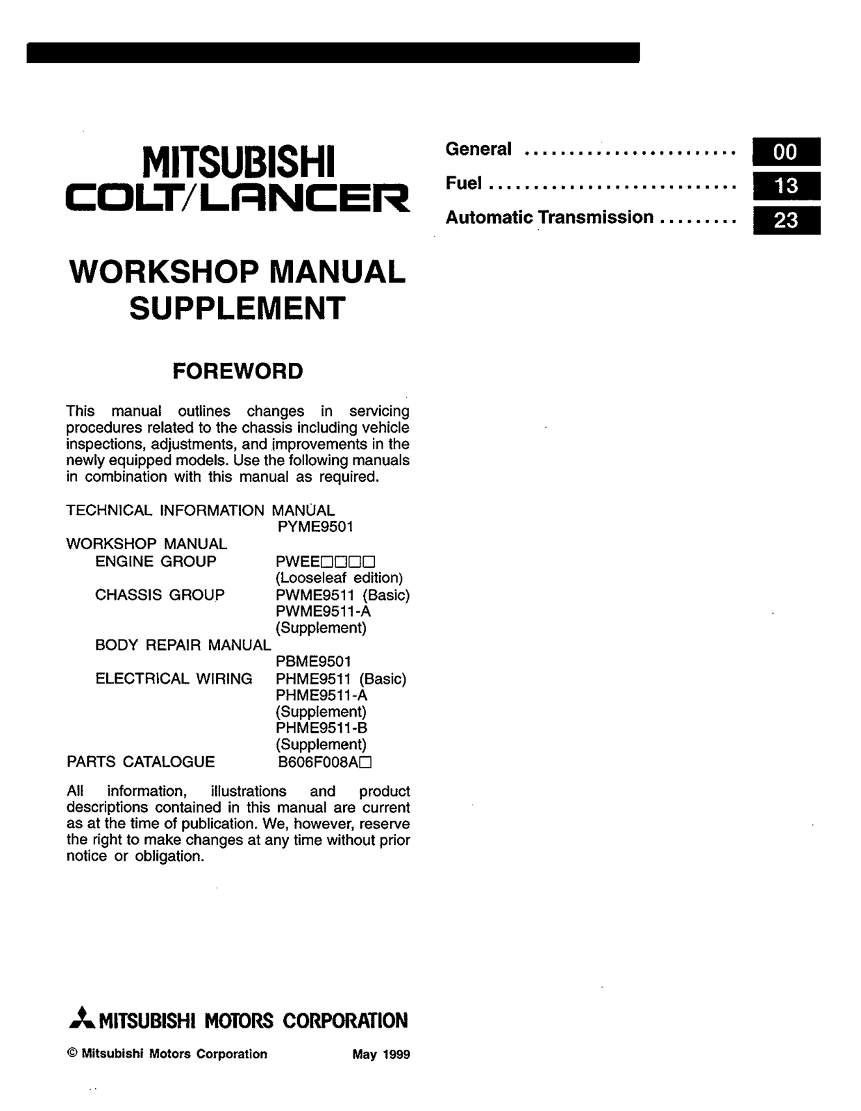 Mitsubishi Colt 2000 User Manual