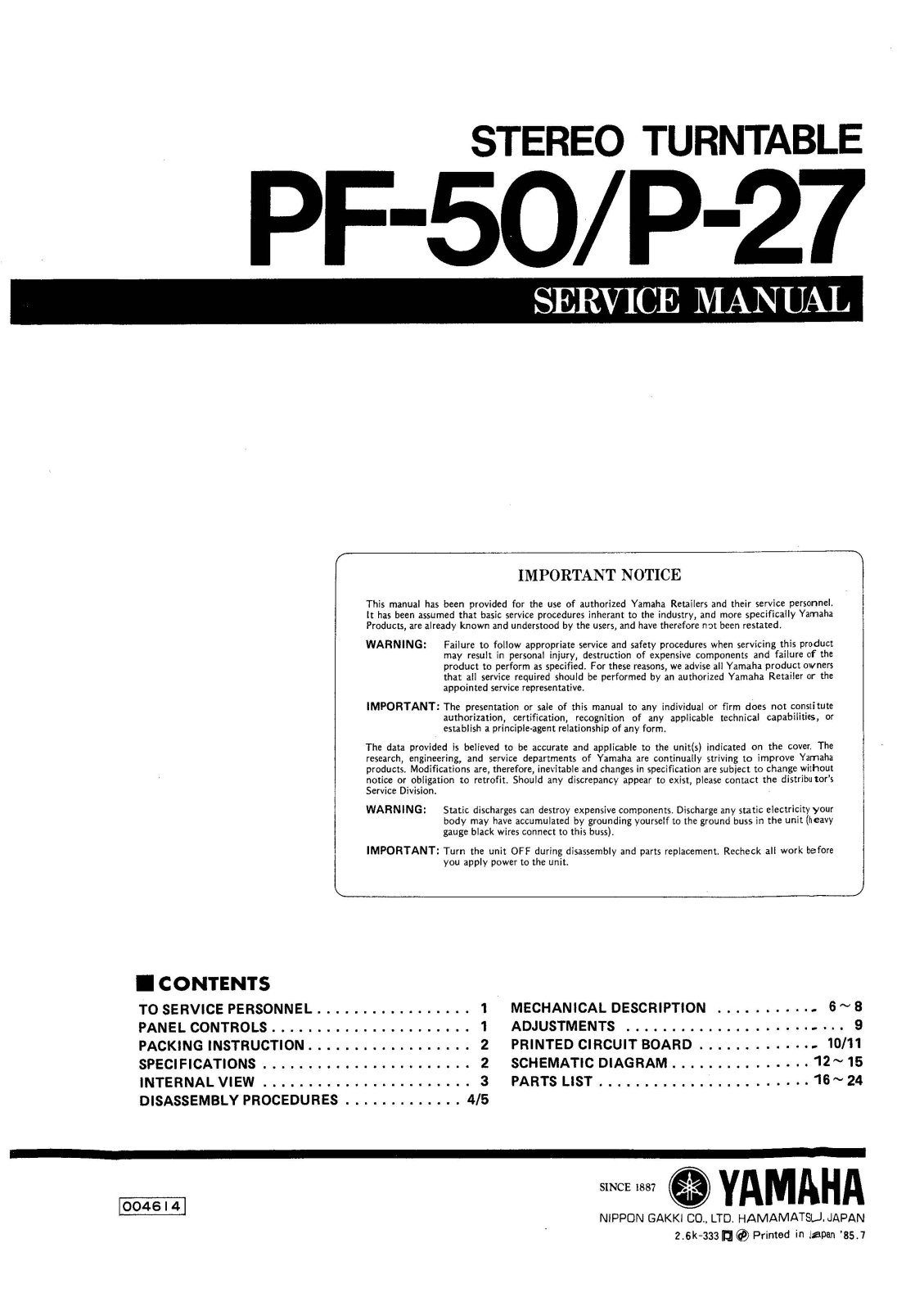 Yamaha PF-50, P-27 Service Manual