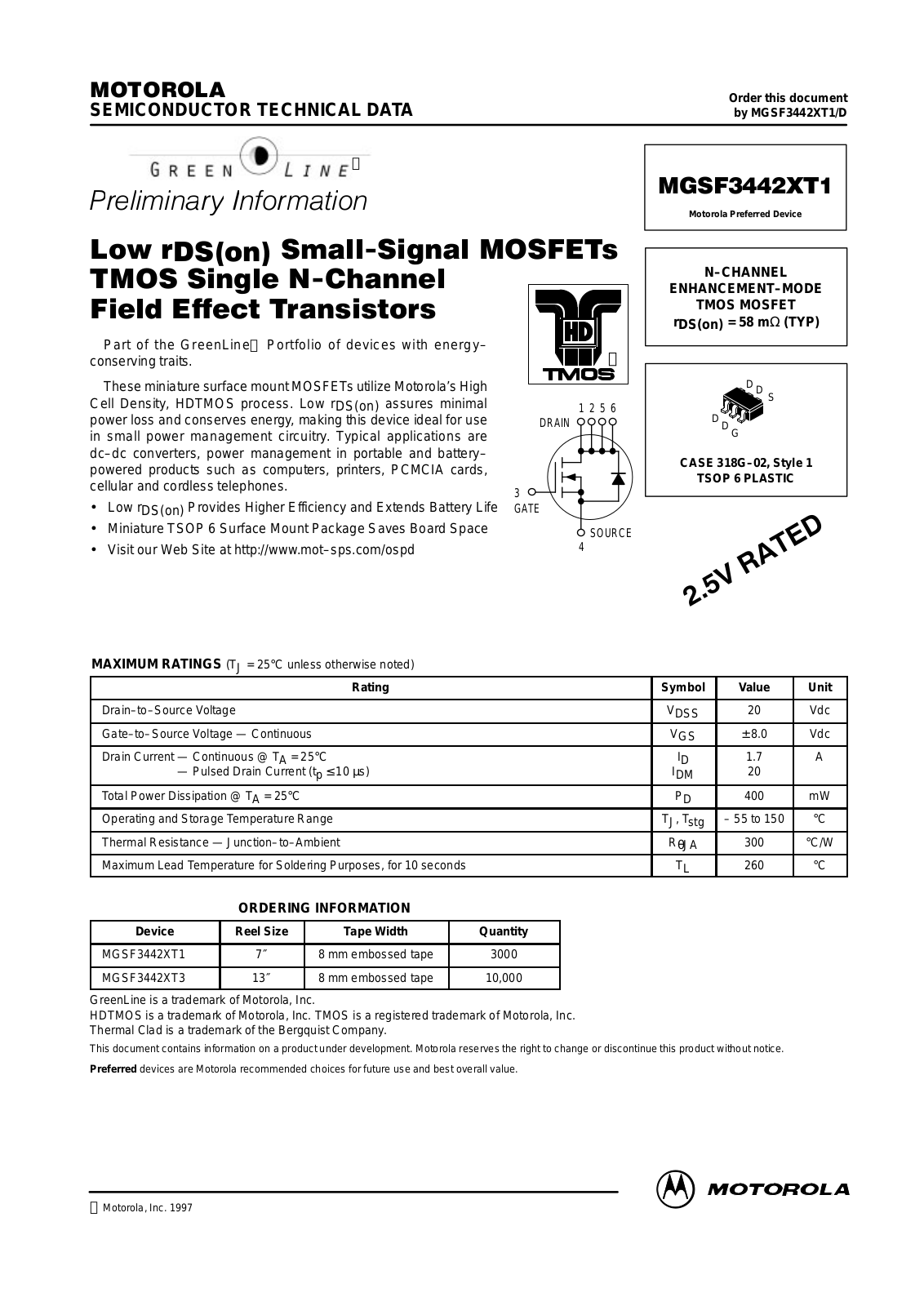 Motorola MGSF3442XT1, MGSF3442XT3 Datasheet