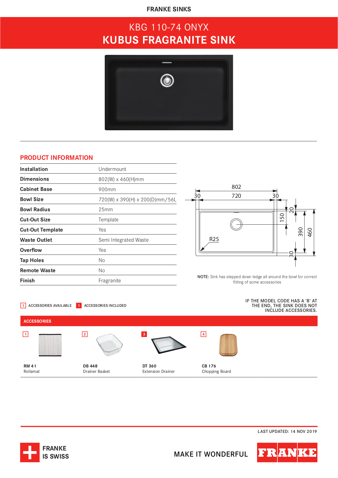 Franke KBG110-74ONYX, KBG110-74-BONYX Specifications Sheet