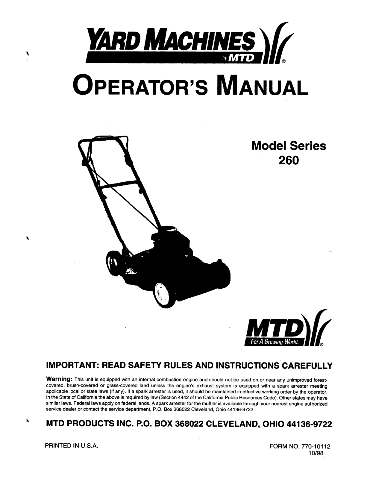 Yard Machines 260 User Manual