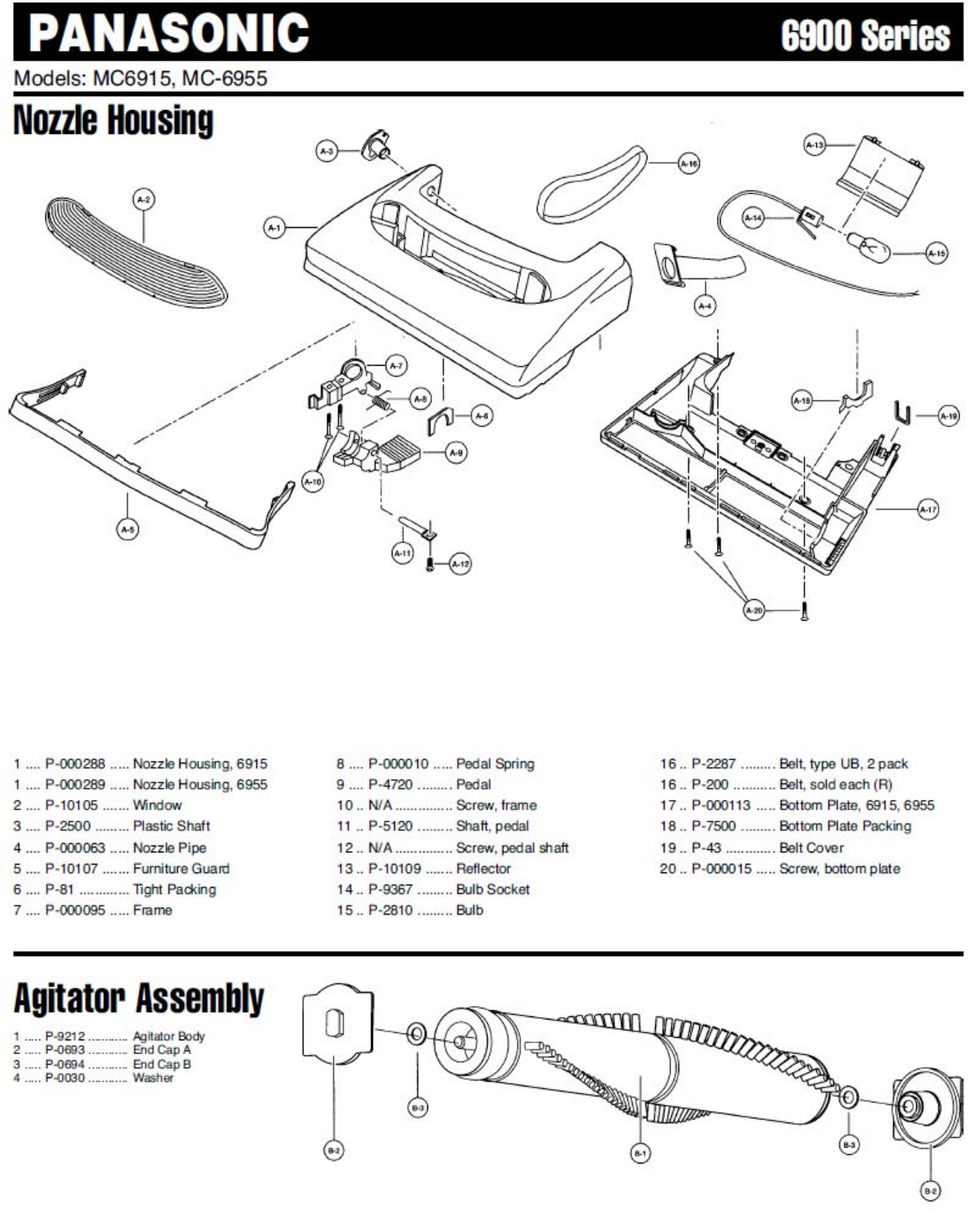 Panasonic 6915, 6955 Parts List