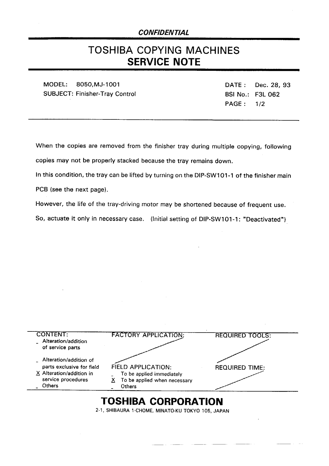 Toshiba f3l062 Service Note