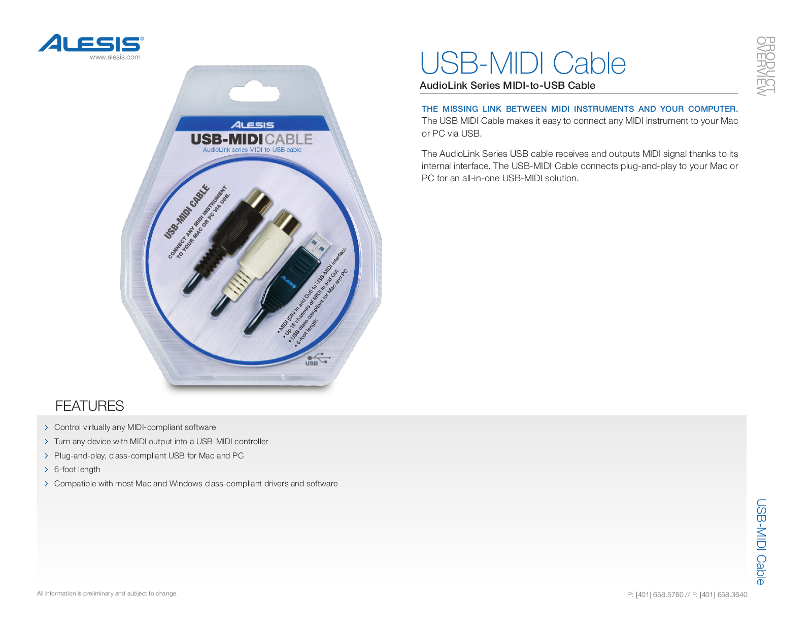Alesis USB MIDI Cable FEATURES - ManualMachine.com