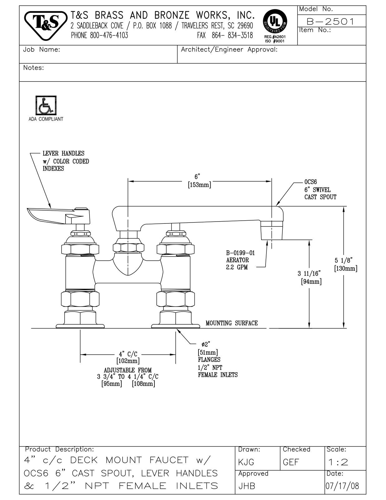 T&S Brass Manuals B-2501 User Manual